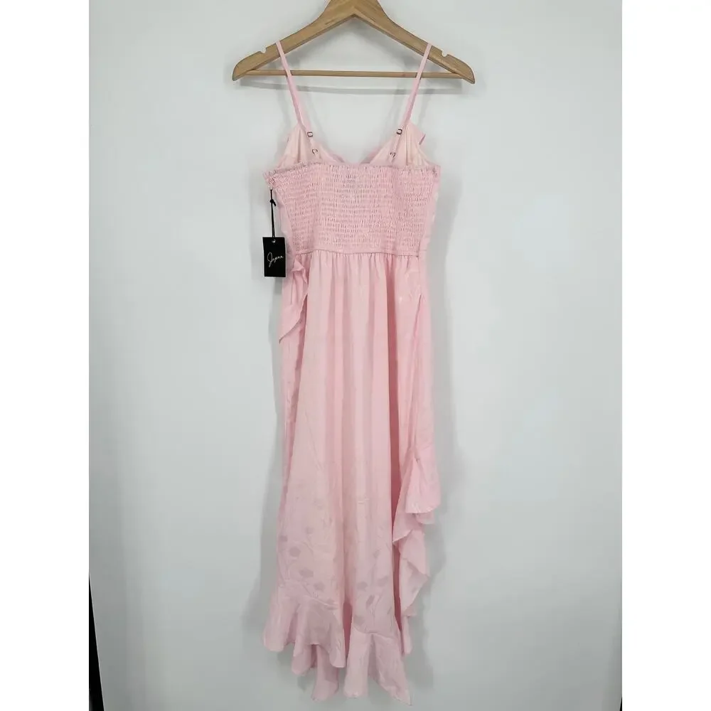 Japna Ruffle Midi Dress Satin Floral Jacquard Cottagecore Y2k Asymmetric Pink - Picture 6 of 9